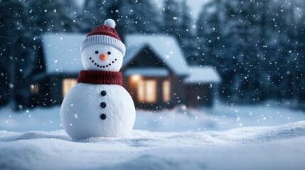 Fototapeta premium Snowman with hat, snowy landscape, winter scene