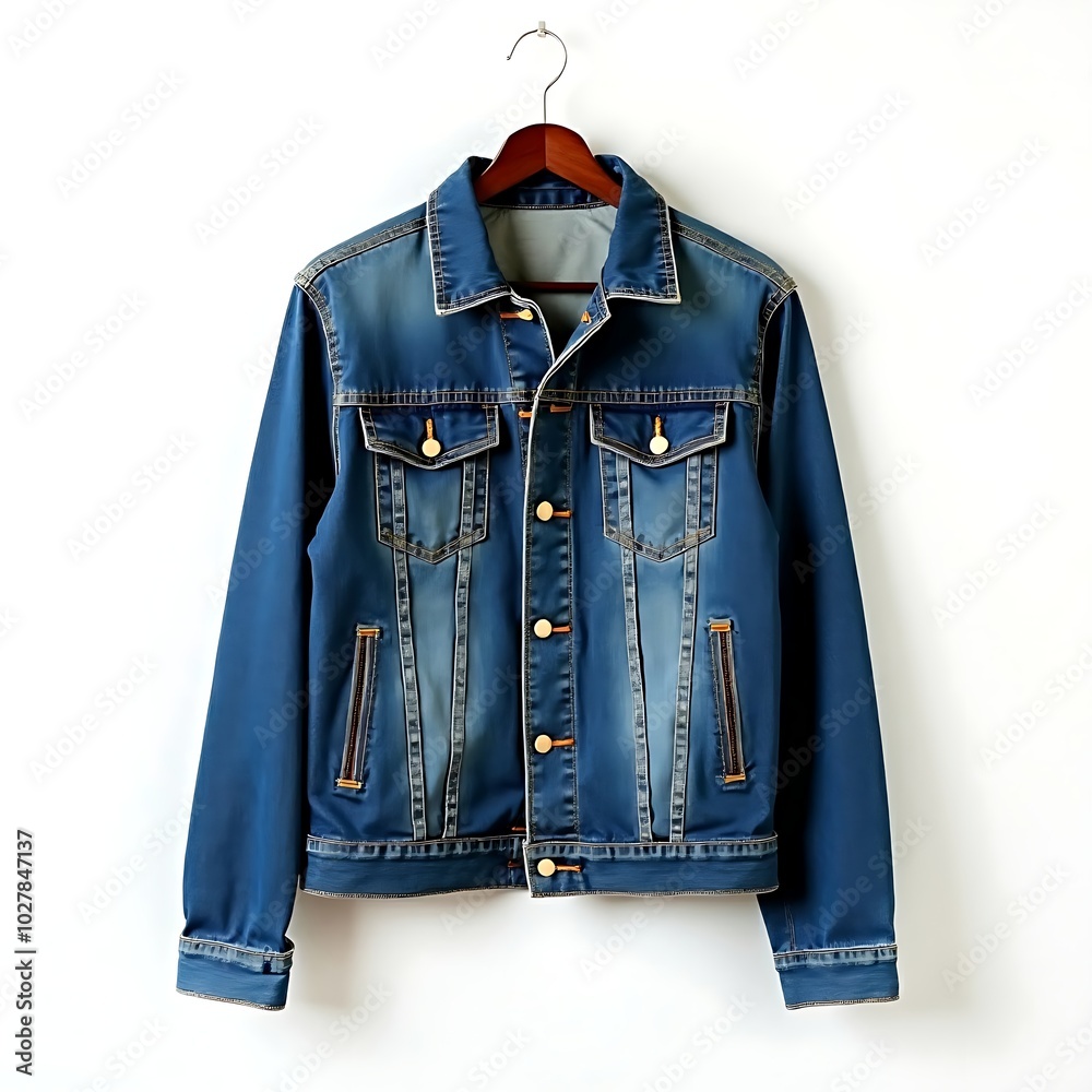 Wall mural Blue jean jacket hanging on white background