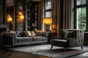 interior with blue sofa and armchair. 3d render illustration