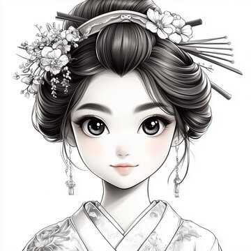 illustration, japan, geisha, frau, gesicht, haar, sch&ouml;nheit, gestalten, leitbild, abbildung, vektor, auge, kunst, frau, lippen, black, zeichnung, kopf, person, leute, frisur, sketch, stil, make-up, de