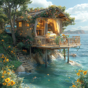 maisonnette en bois sur un nuage de mer avec des firefly, toit terrasse avec hamac sur et avec piscine sur un balcon, plain de fleurs autour et une caravane atelier. Photo realistic, sunny light, summ