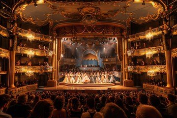 Dressed in beautiful costumes, actors showcase their skills on a stunning theater stage as the captivated audience watches closely. Generative AI