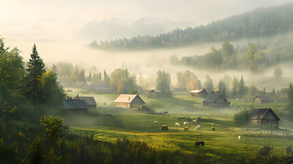 Misty morning in a tranquil rural village with grazing cows in lush green fields surrounded by mountains