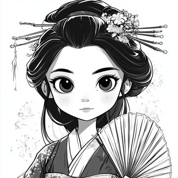 illustration, japan, geisha, frau, gesicht, haar, sch&ouml;nheit, gestalten, leitbild, abbildung, vektor, auge, kunst, frau, lippen, black, zeichnung, kopf, person, leute, frisur, sketch, stil, make-up, de