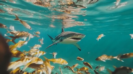 Naklejka premium Predator and Prey: A shark hunting through a school of fish.