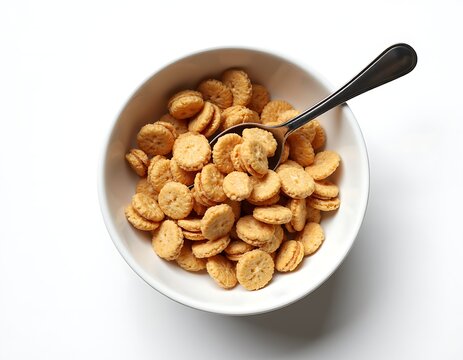Top view of a bowl of cereal with spoon for breakfast isolated on white background, healthy food concept