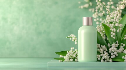 Floating Bottle Mockup: A blank floating bottle mockup with no branding, suspended in mid-air with lily of the valley vines wrapped loosely around the neck of the bottle.