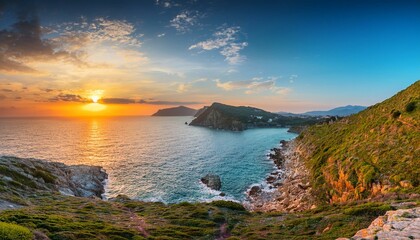 dramatic spring sunset on the the cape milazzo panorama of nature reserve piscina di venere