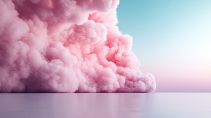 A massive pink fluffy cloud looms over a tranquil, pastel-colored seascape. The horizon merges with the sky, creating a surreal dreamlike effect at sunrise or sunset.