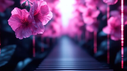 A captivating and ethereal scene of pink flowers lining a futuristic corridor, creating a mesmerizing and dreamlike environment with dramatic lighting effects.