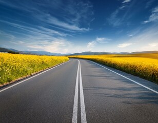 Naklejka premium empty asphalt road and floral field of yellow flowers summer spring autumn background