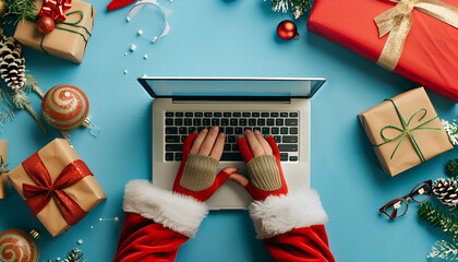 Fototapeta premium Santa Claus using laptop, closeup. Gift boxes, eyeglasses and Christmas decor on light blue background, top view