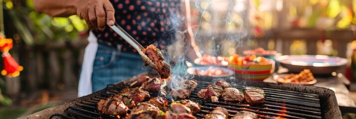 A Hispanic man is expertly grilling an assortment of flavorful meats outdoors, surrounded by lush greenery and colorful plates of food, enjoying a sunny afternoon with loved ones