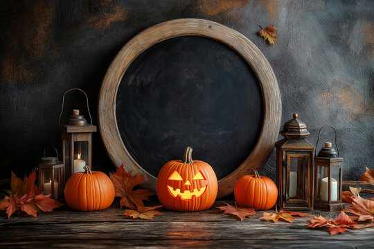 A cozy Halloween-themed setup featuring a large, round chalkboard framed in light wood as the central focus