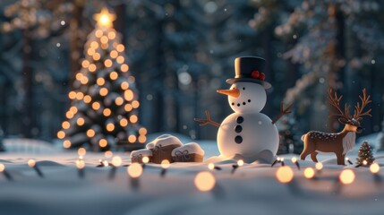 Winter scene with snowman and holiday decorations