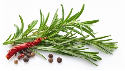 fresh green organic rosemary leaves and peper isolated on white background white background and natural transparent shadow ingredient spice for cooking collection for design