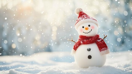 A snowman in a snowy background, empty space, serene, minimal, winter atmosphere