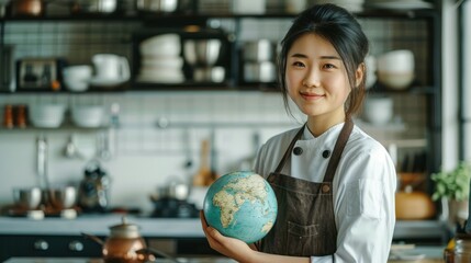 A woman in a chef's coat and apron stands in a stylish kitchen, holding a globe. She embodies a love for global cuisine, blending culture with cooking