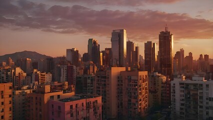 Fototapeta premium Sunset Over A Modern City Skyline With Skyscrapers And Mountains