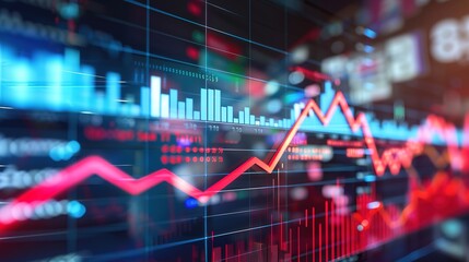 Close-up digital screen with rising red lines graph symbolizing inflation and interest rates, economic growth and monetary policy concept.