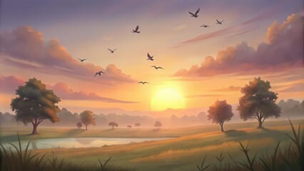 Obraz premium A Serene Sunset Landscape with Birds Flying Over a Lake and Meadow