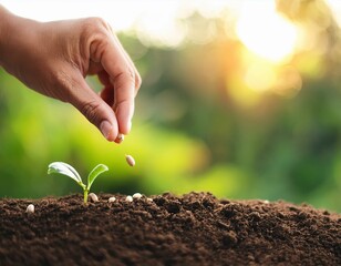hand growing seeds on sowing soil background with copy space agriculture organic gardening planting or ecology concept sustainable business investment gospel spreading