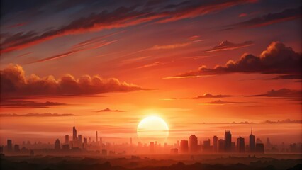 Silhouette of a city skyline with a vibrant sunset behind it