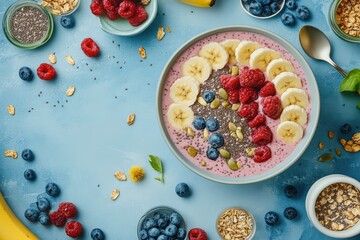 A colorful smoothie bowl topped with fresh fruits, chia seeds, and granola, perfect for a healthy breakfast or snack.