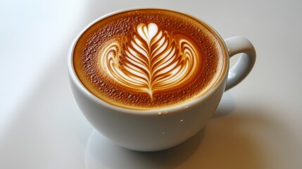 A close-up of a coffee cup with intricate latte art on a white background