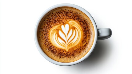A close-up of a coffee cup with intricate latte art on a white background