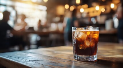 A refreshing glass of iced coffee sits on a wooden table, capturing the cozy atmosphere of a bustling cafe.