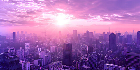 Obraz premium Urban Sunset in Vibrant Colors city skyline at night.