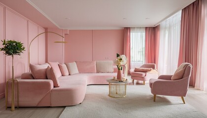 Obraz premium Home mock up, modern feminine living room interior background, 3d render