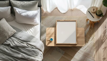 Mock up frame in cozy home interior background, coastal style bedroom, 3d render