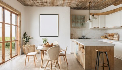 Fototapeta premium Mock up poster frame in kitchen interior, Farmhouse style, 3d render