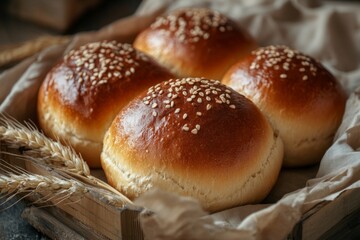 Freshly baked homemade brioche bread with sesame seeds in a wicker basket