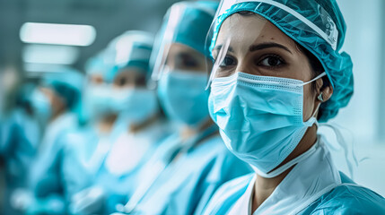 Group of nurses wearing blue scrubs and masks. The woman in the center is wearing a blue hat