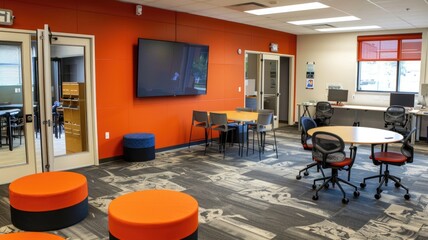 Modern collaborative office space design with vibrant colors