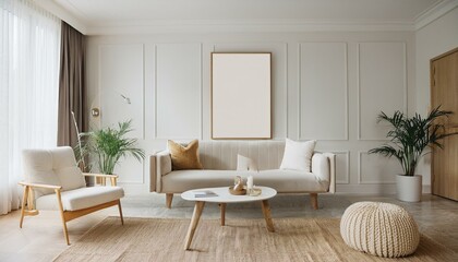 Fototapeta premium Stylish interior of living room, wall mockup, 3d render