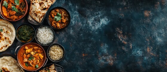 A vibrant assortment of Indian dishes including curry, rice, and bread, beautifully arranged on a textured background.