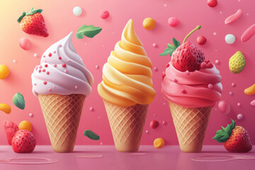 Ice cream cones standing with sprinkles falling on pink background