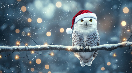 cute white polar owl perched on a snowy branch, wearing a Santa hat and surrounded by sparkling lights and snowflakes