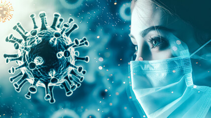 Woman wearing a mask is looking at a virus. Concept of caution and concern about the spread of the virus