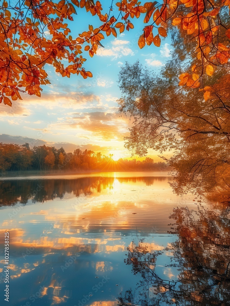Aufkleber As the day ends, the sky fills with rich hues while golden leaves gently frame the water’s edge, creating a peaceful autumn atmosphere. Generative AI