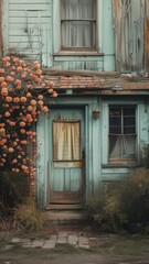 Weathered Vintage House with Flowers by Door in Rustic Scene