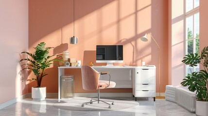 Cozy home office with orange accent wall,Apricot Crush elements and modern furniture design