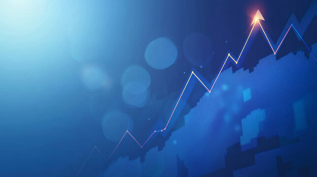 A blue background shows a line graph with an arrow pointing upwards, symbolizing business growth. This represents successful investment and smart financial strategies that lead to profits.