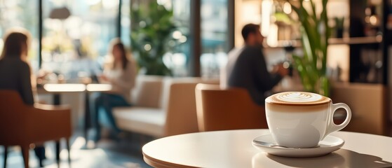 A warm cup of coffee on a table in a cozy cafe, capturing the essence of relaxation and social connection.