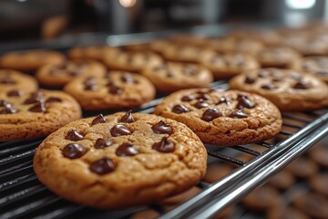 Freshly baked homemade warm chocolate chip cookies on a rack
