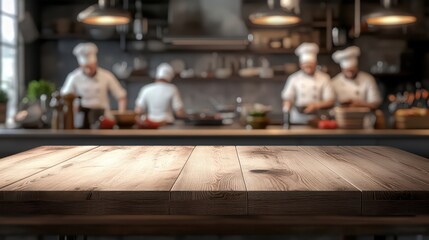 A wooden kitchen table with chefs working in a modern restaurant setting, showcasing culinary activity and vibrant ingredients.